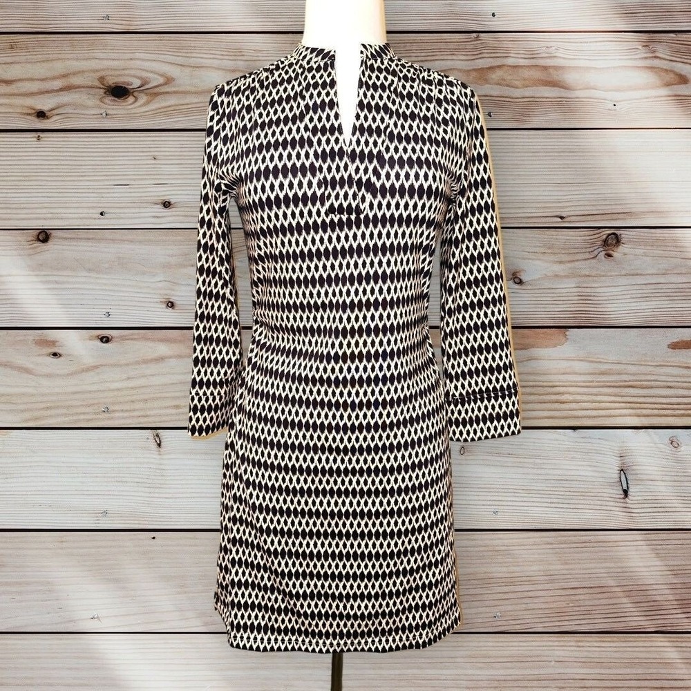 D5 Ellie Kai Dress Size 2 V Neck 3/4 Sleeve‎ Black Beige Print Women's